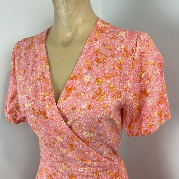 Part Two 2 Women’s 40 US Medium Pink Floral Short Sleeve Wrap Midi Dress Summer - Picture 3 of 14